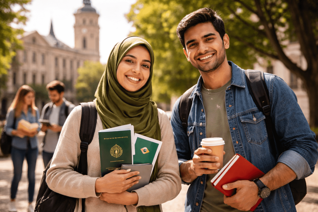 Pakistani students studying together on international campus