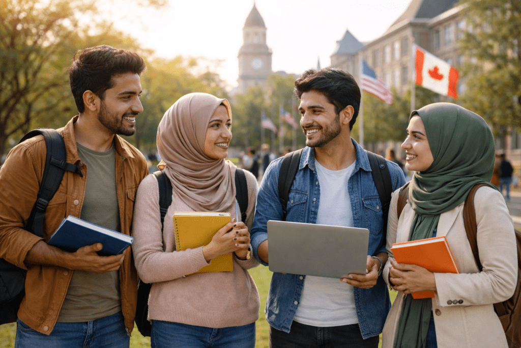 Pakistani students discussing studies on international campus