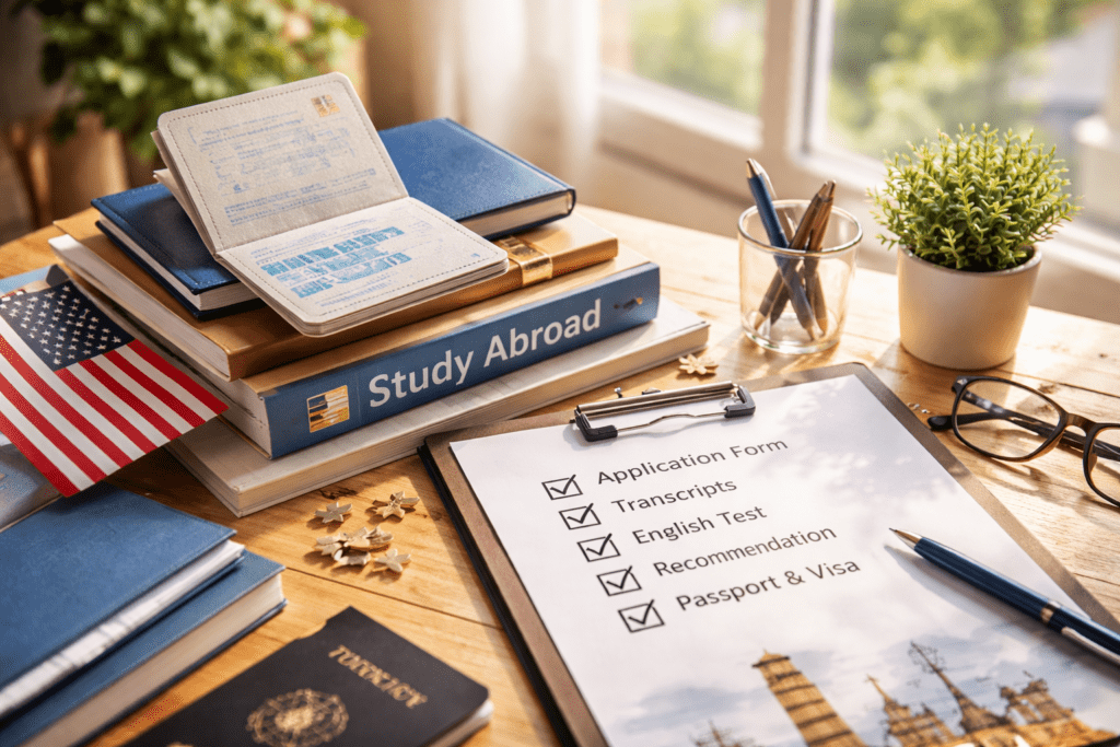 Study abroad application documents with passport checklist