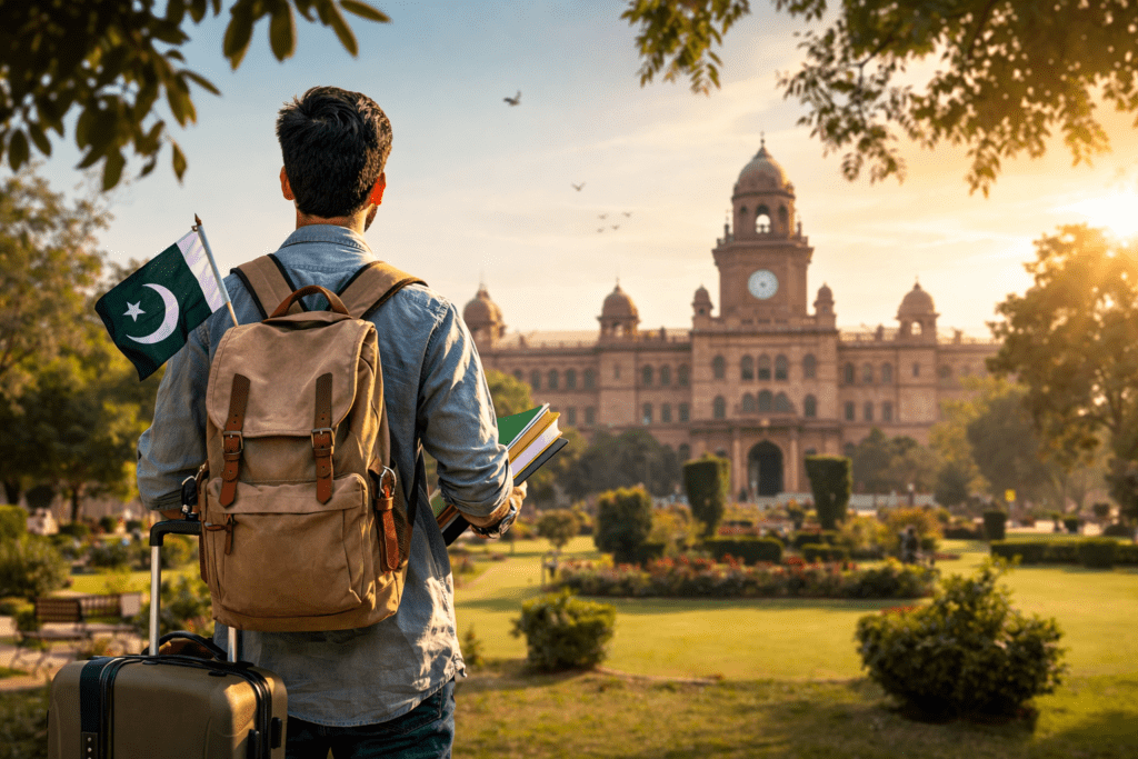 Pakistani student with luggage at university campus