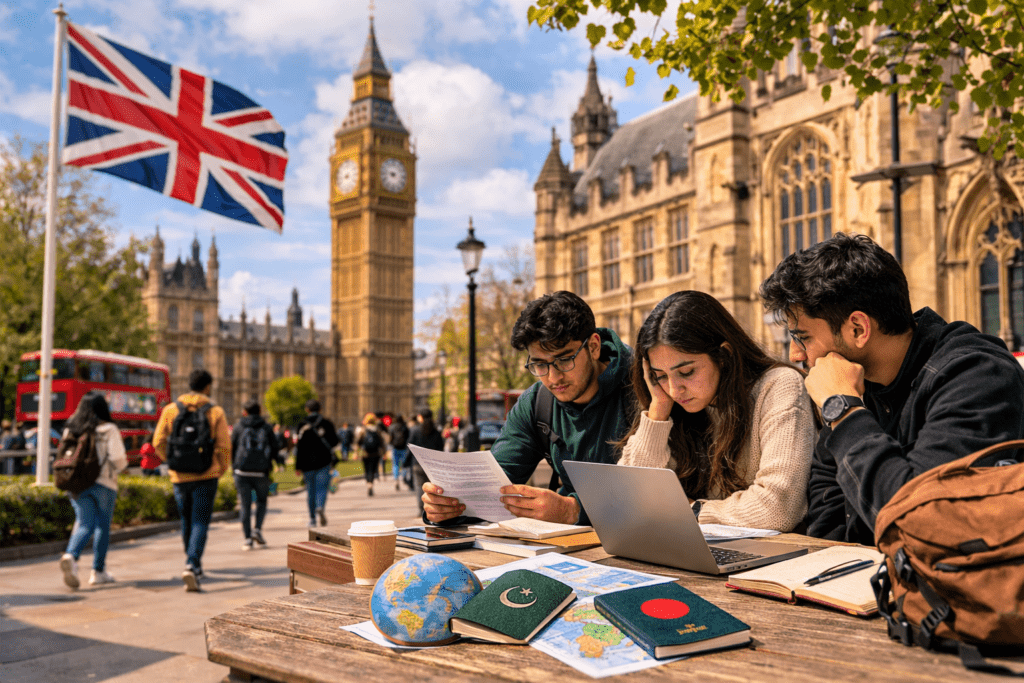 Students studying outdoors near UK landmark campus