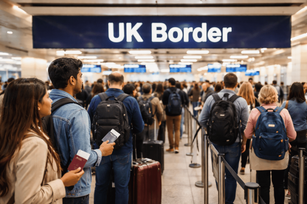 UK travelers queuing at airport border control