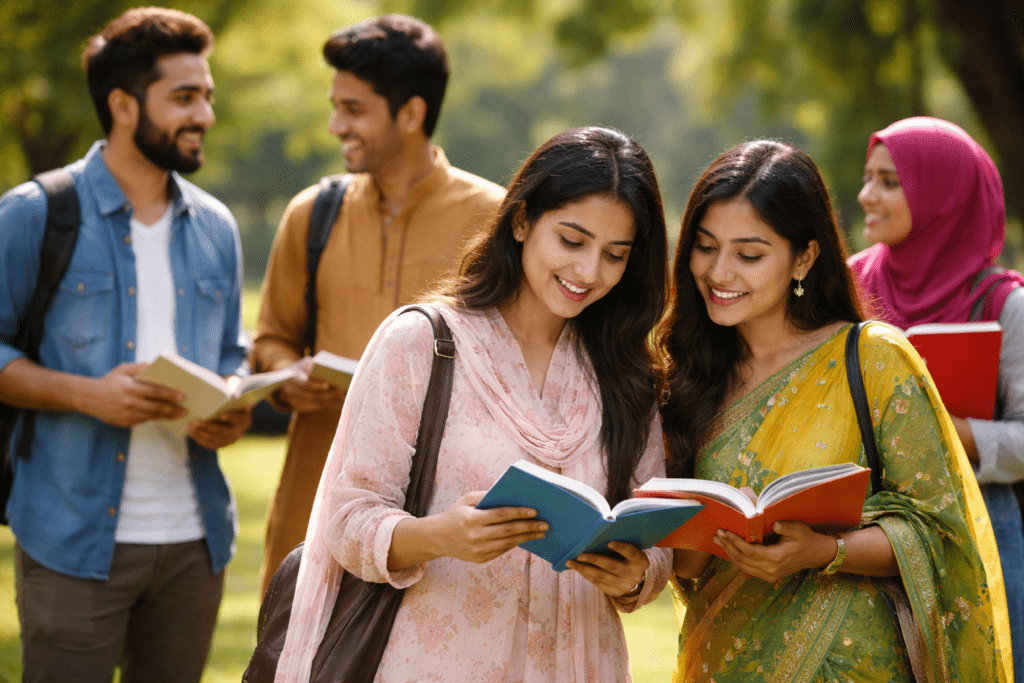 South Asian students studying outdoors on campus