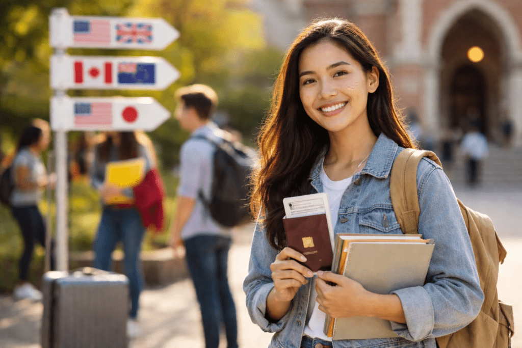 International student outside university campus smiling