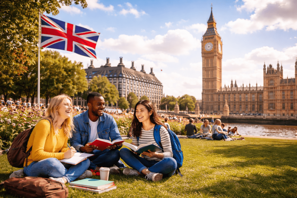 Students studying outdoors near London landmarks