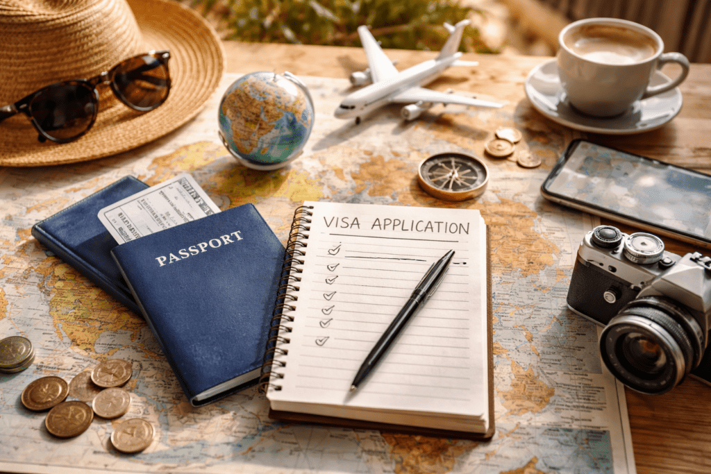 Passport, visa checklist and travel preparation items