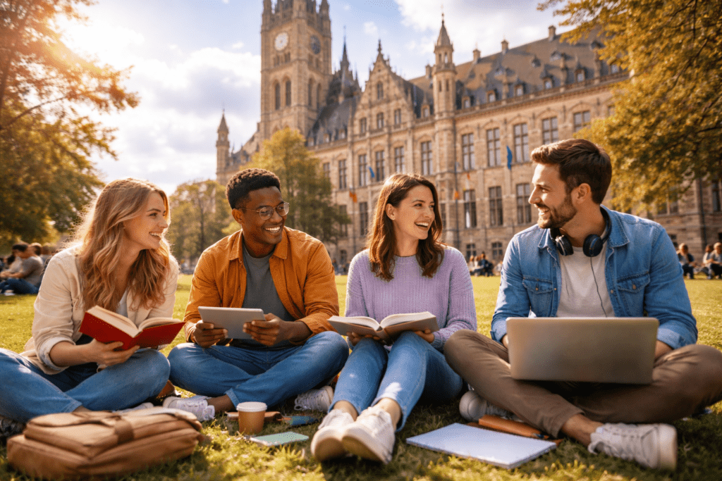 Diverse students studying together on European campus