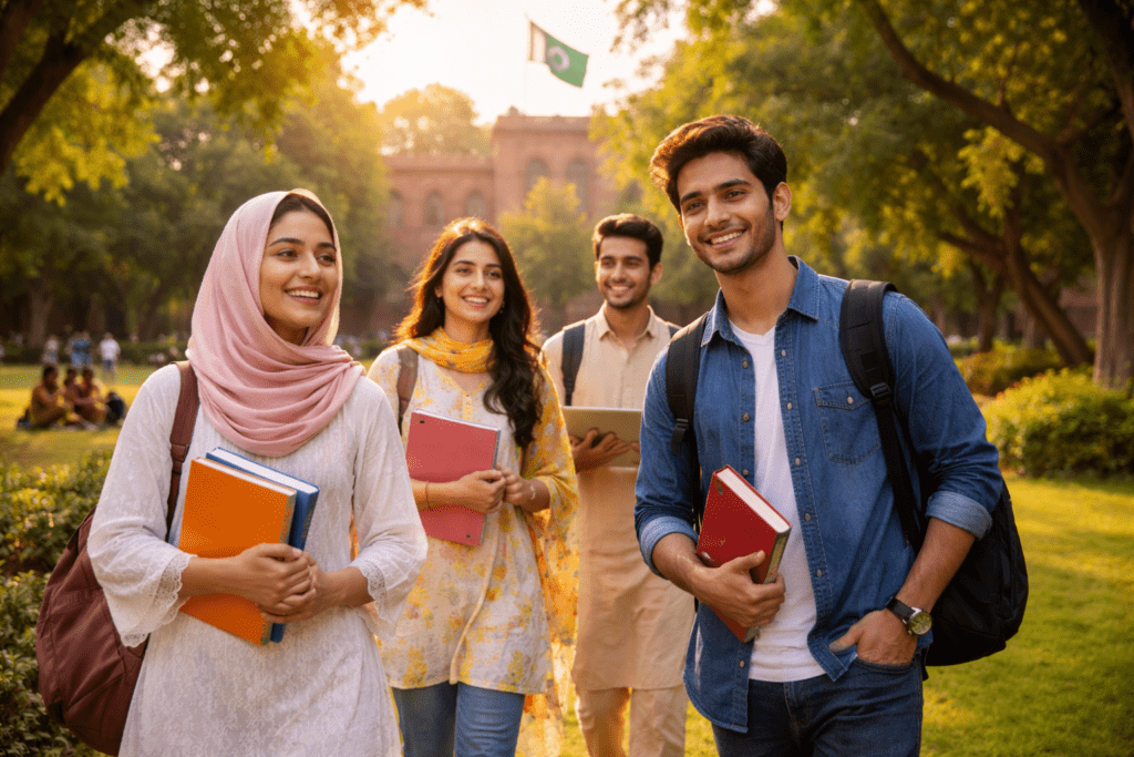Pakistani students walking together on university campus