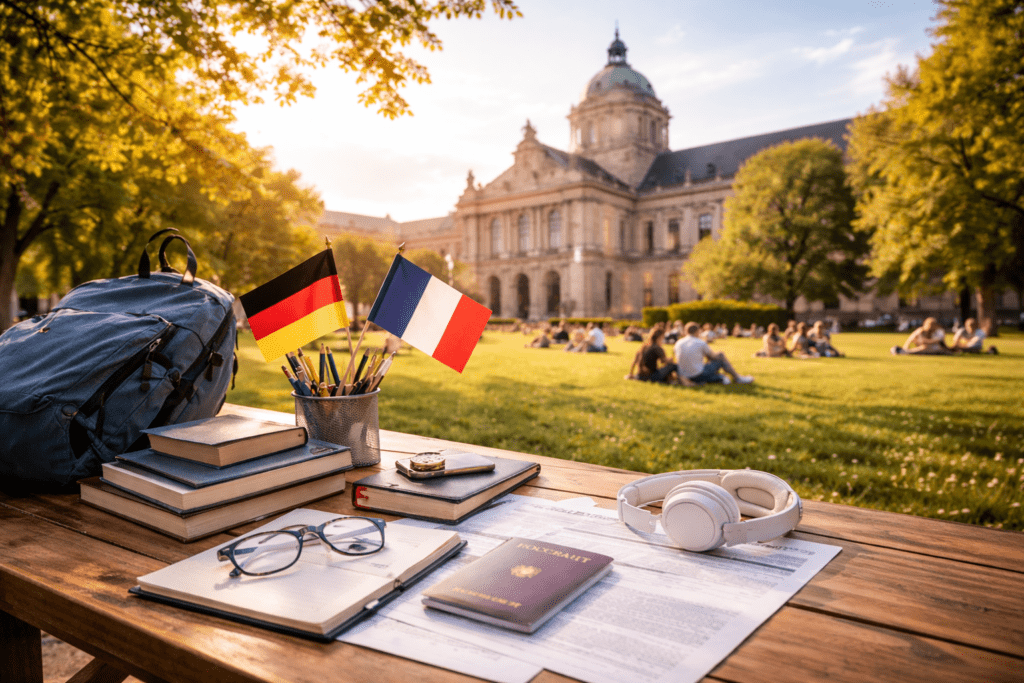Students preparing documents at European university campus