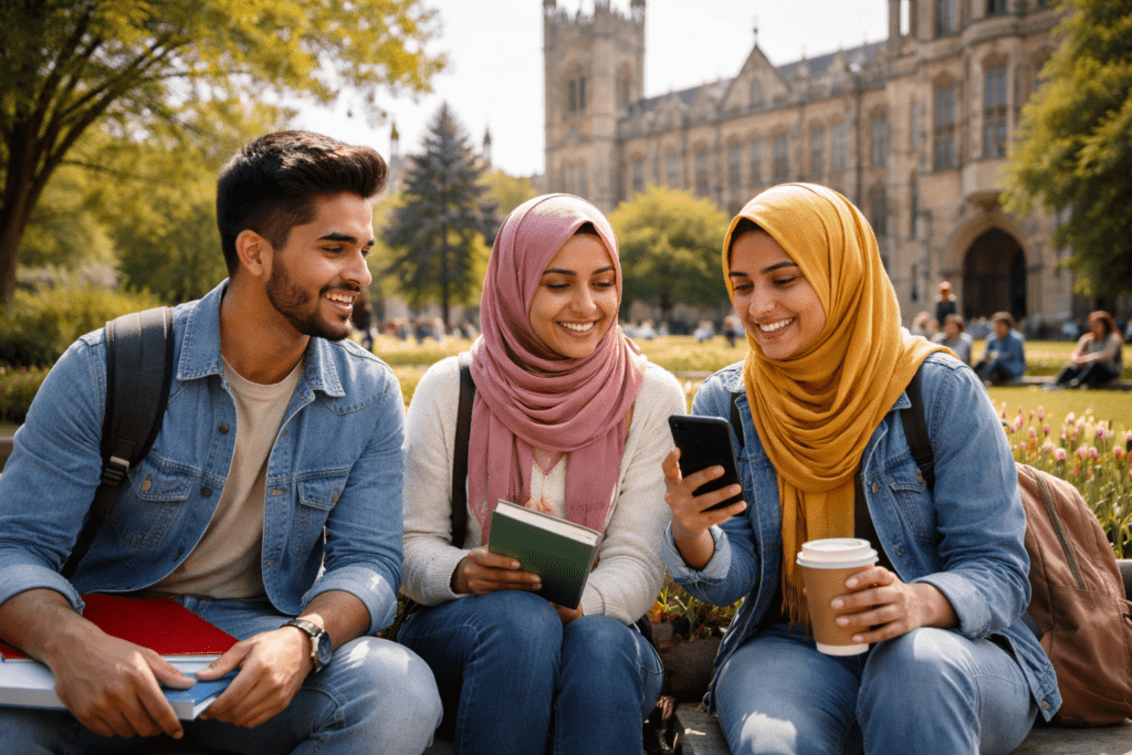 Pakistani students relaxing at European university campus 