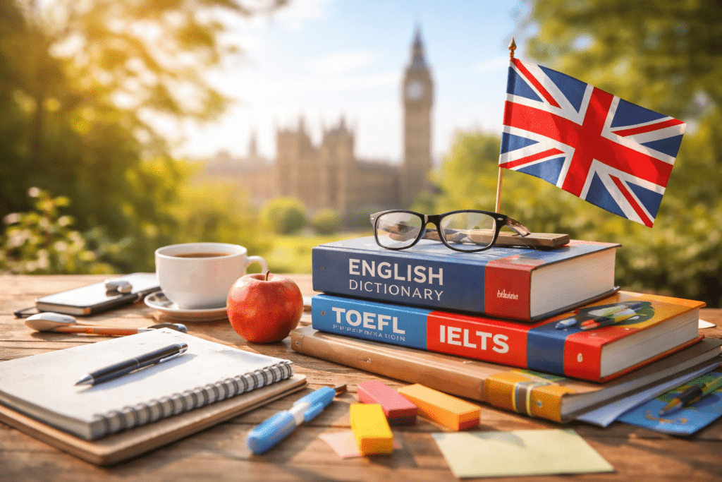 English language test preparation study materials on desk