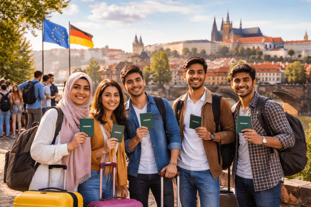 Pakistani students walking toward European university campus