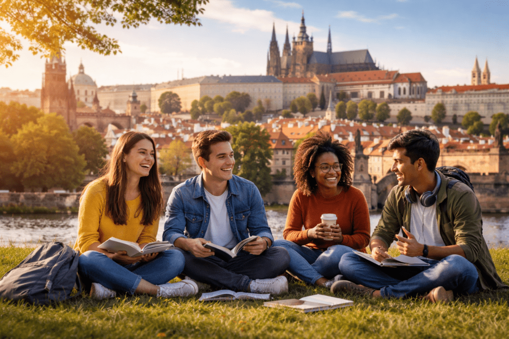 International students studying together in European city