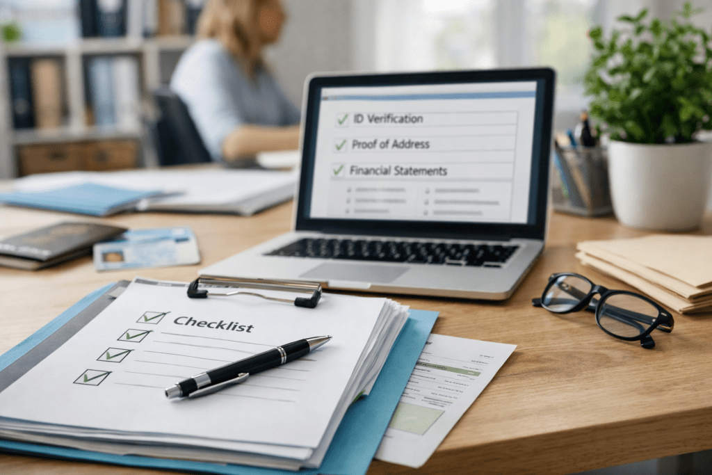 Documents checklist and laptop for verification process