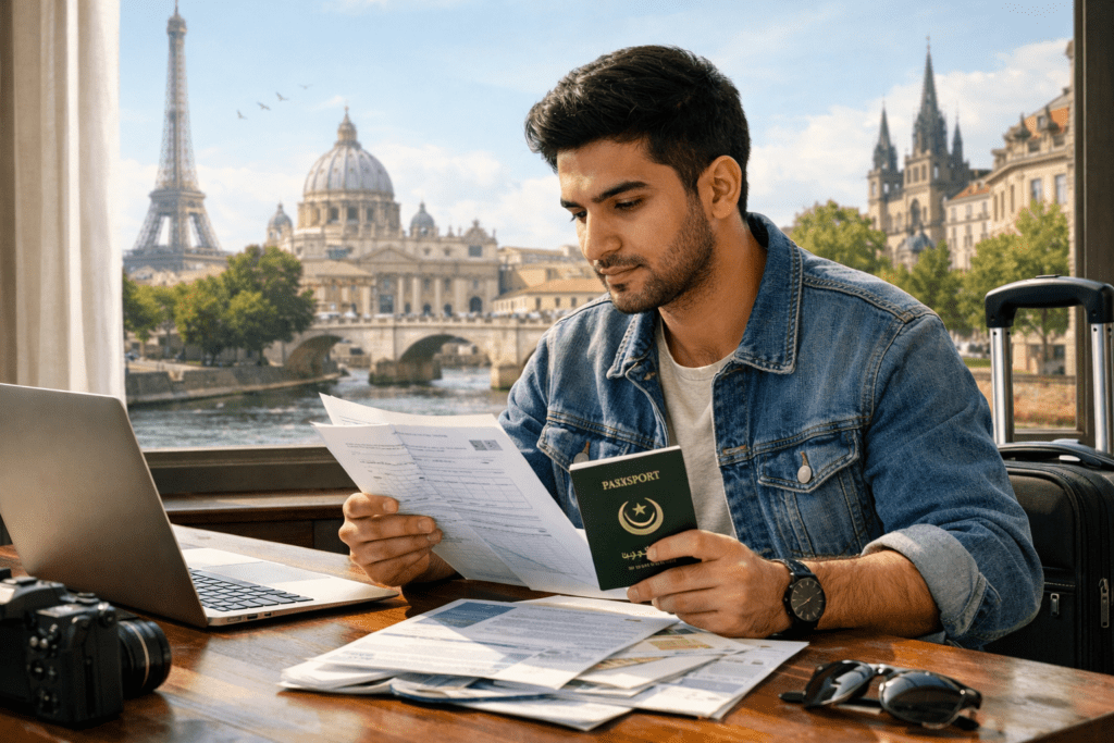 Pakistani student reviewing European student visa documents