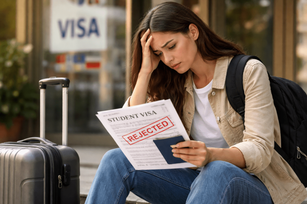 Worried student reviewing rejected visa application