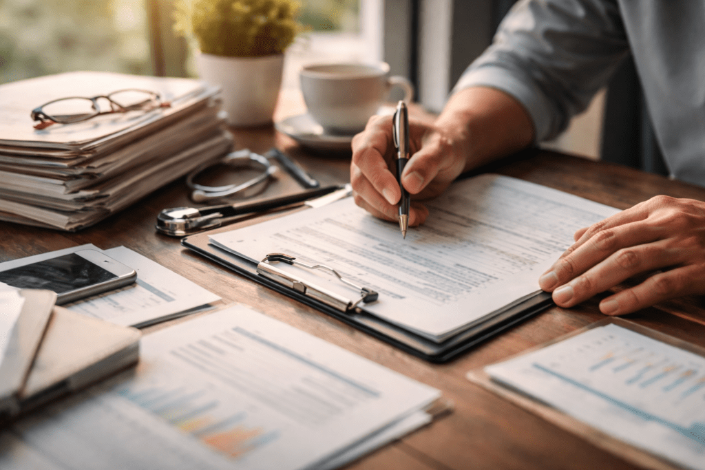 Hands reviewing documents on organized wooden desk