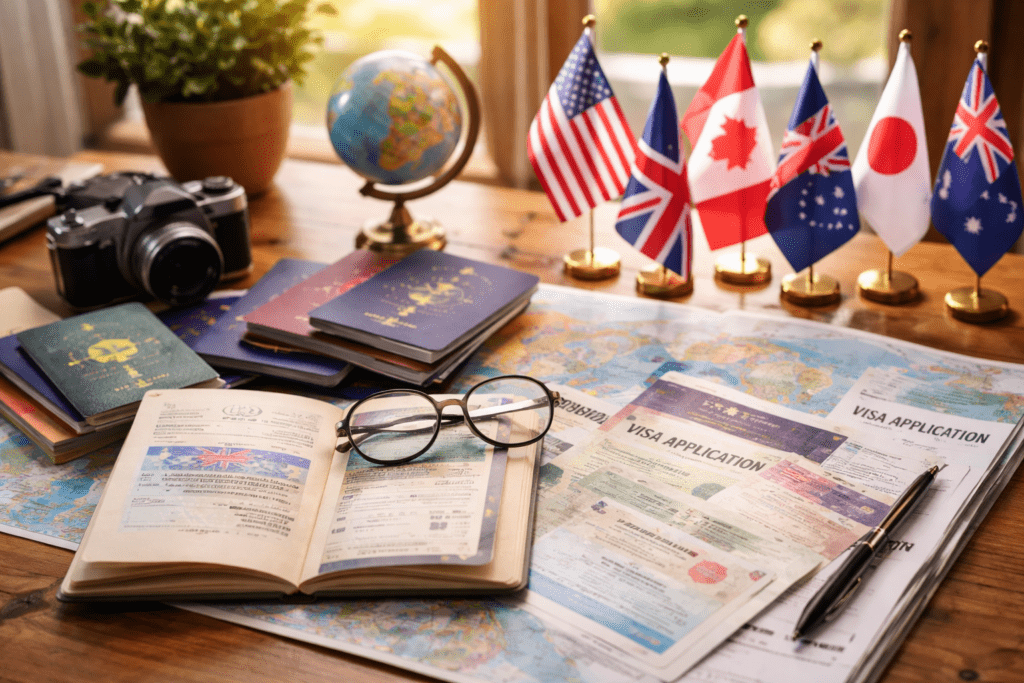 Visa consultant reviewing international visa documents and passports