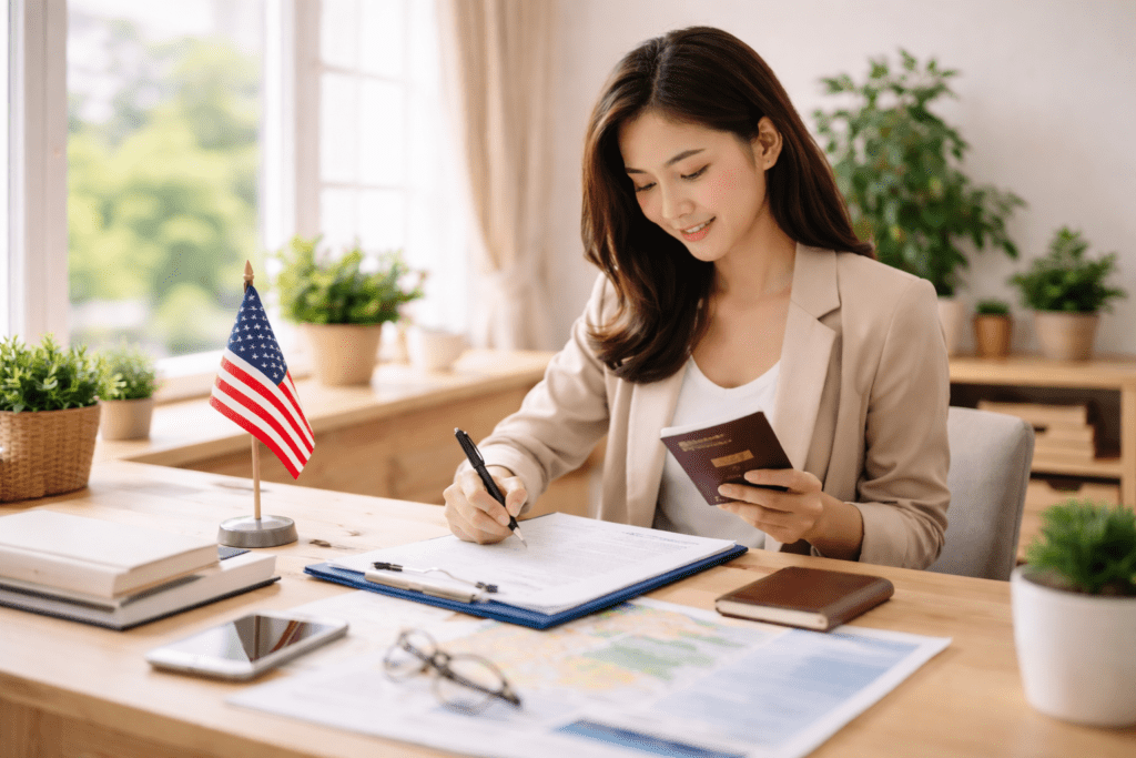 Woman reviewing passport and visa application documents