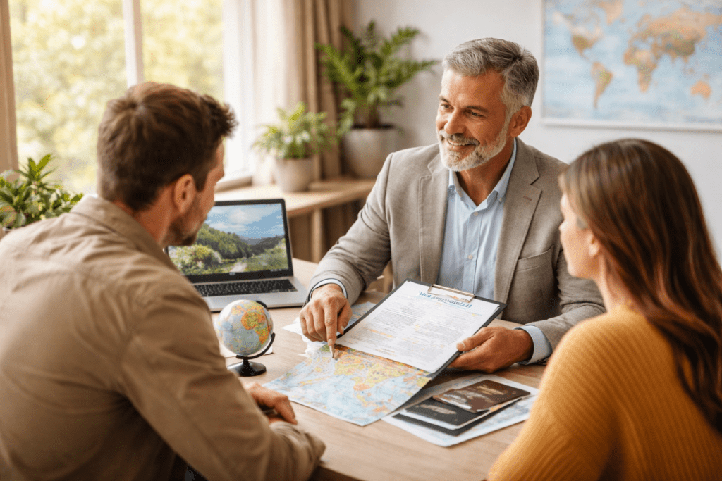 Professional visa consultant advising couple indoors