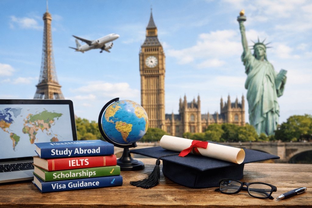 Study abroad planning with globe and graduation cap