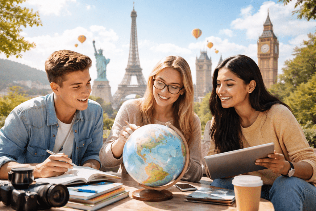 Students planning international study with globe outdoors