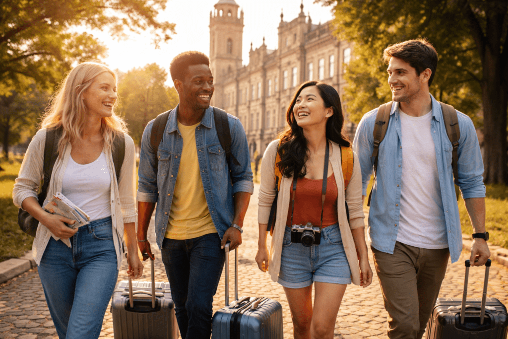 International students walking together on university campus
