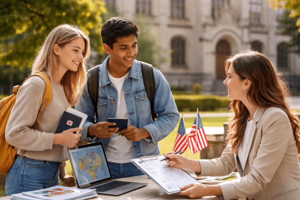 Students consulting advisor with passports for visa guidance