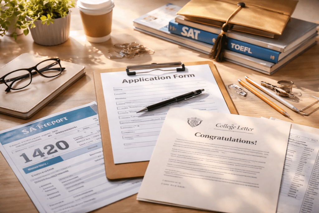 Student admission documents and test preparation materials on desk