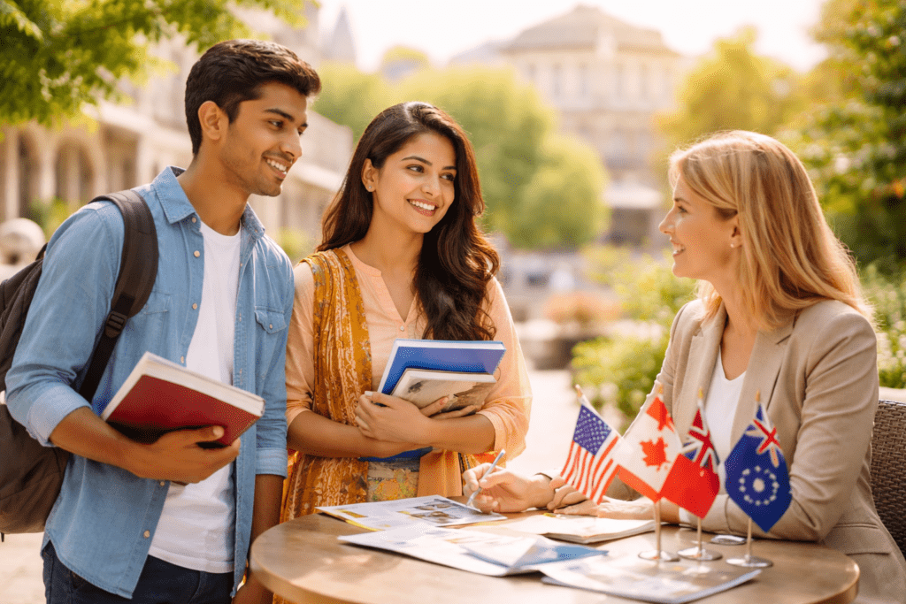 Students consulting advisor about studying abroad options