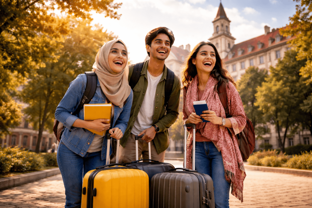 Pakistani students arriving at international university campus