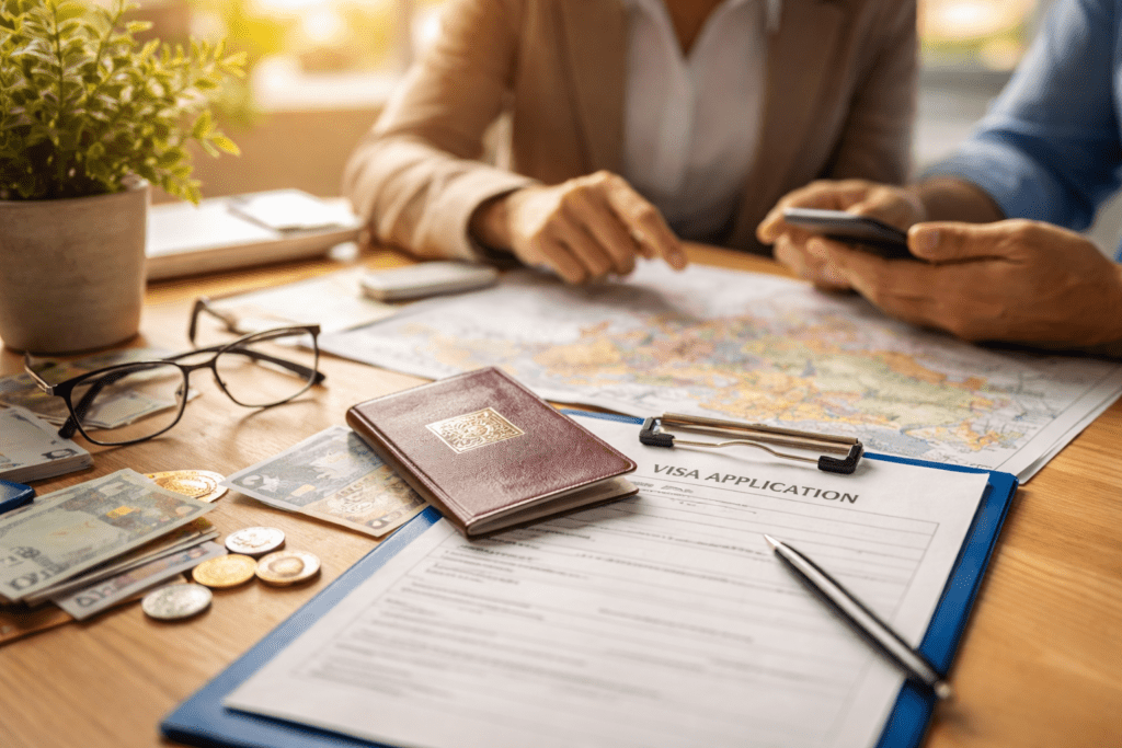 Professional visa application consultation with passport documents