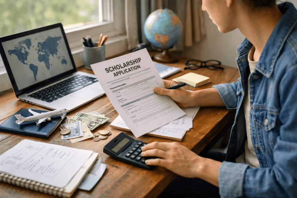 Student reviewing scholarship application and financial planning