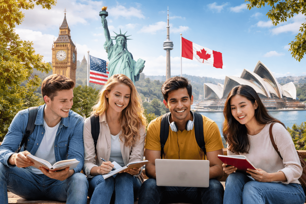 International students studying with global university landmarks