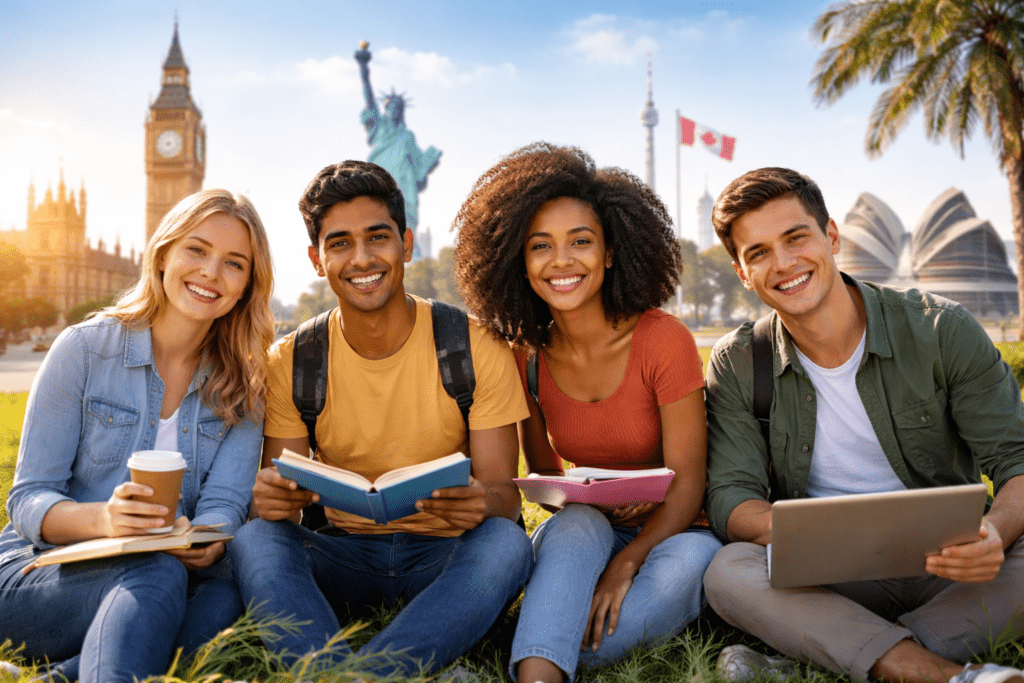 International students studying abroad on campus lawn