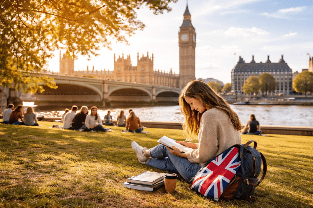 Student studying near Big Ben, London campus atmosphere