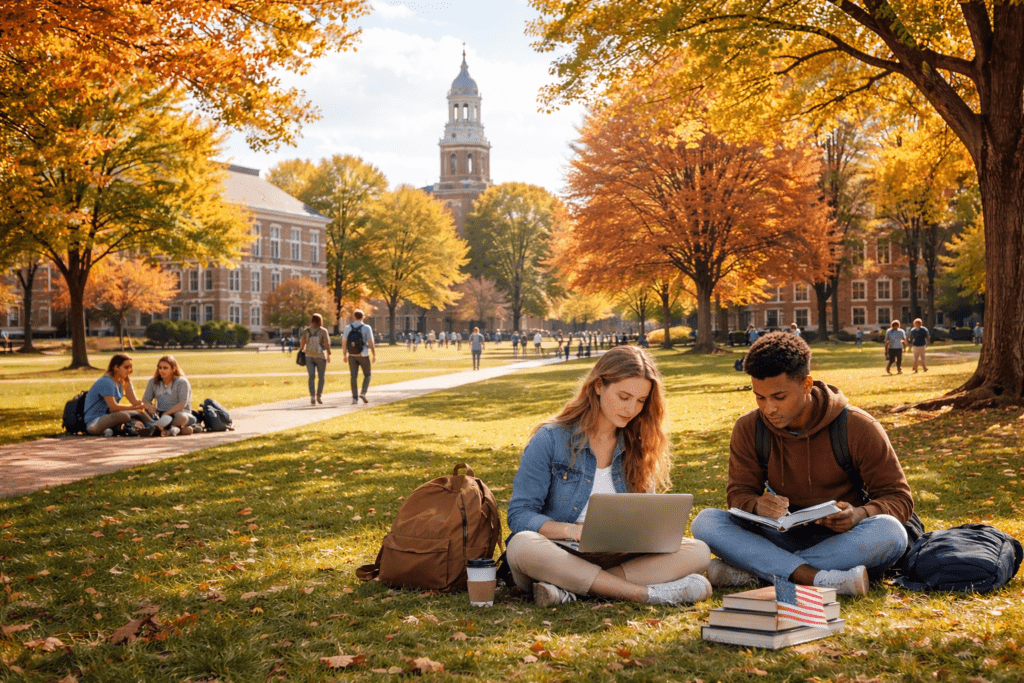 Students studying outdoors on campus lawn