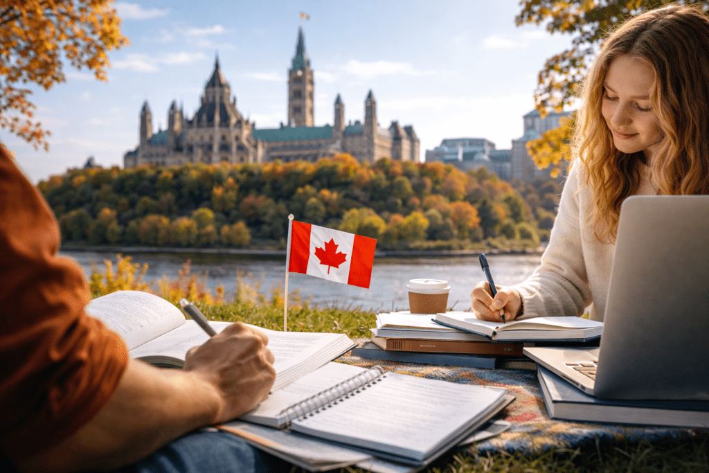 Students studying outdoors with Canada flag nearby