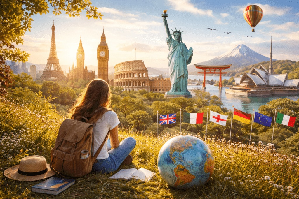 Student exploring global study destinations with landmarks