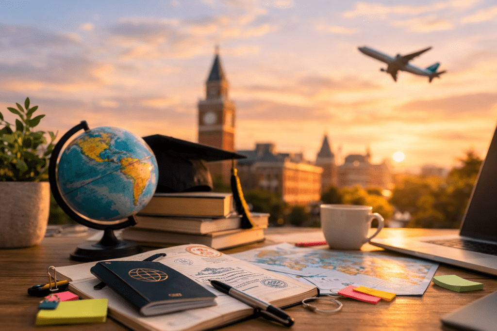 Study abroad essentials on university campus table