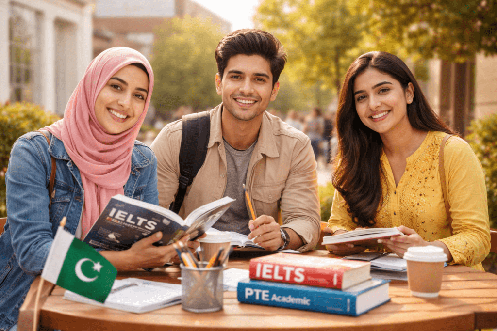 Pakistani students studying outdoors with books