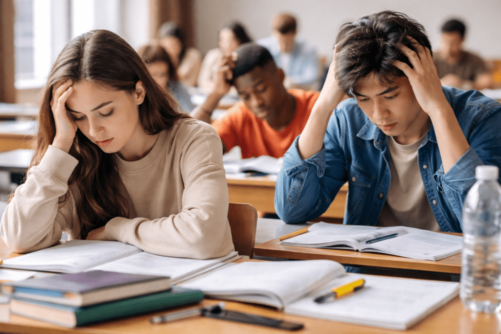Tense students struggling in classroom exam